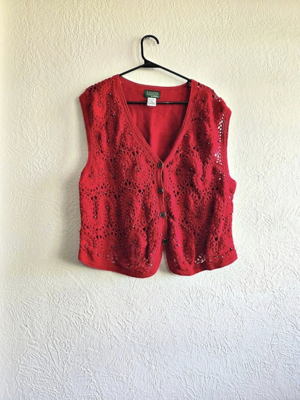 Cozy Cottagecore Country Classics Crochet V-Neck Vest in Red Size Large